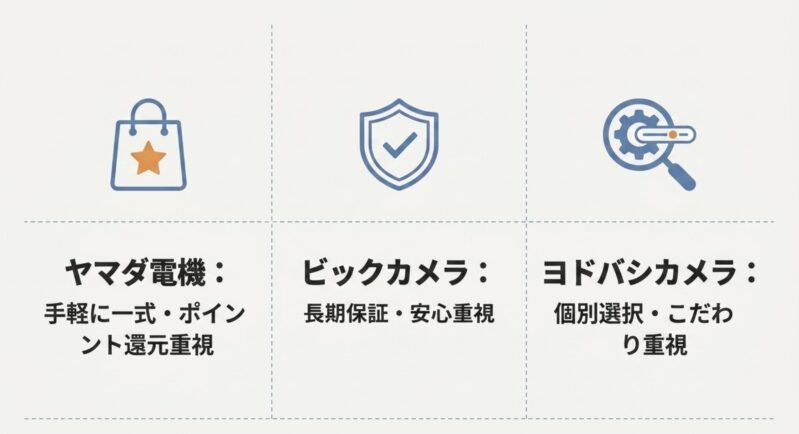 ヤマダ電機（手軽さ・ポイント重視）、ビックカメラ（長期保証重視）、ヨドバシカメラ（個別選択・こだわり重視）の特徴比較
