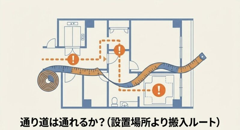 エレベーターや玄関、廊下など、設置場所よりも家電の搬入ルートのサイズをメジャーで測る注意喚起のイラスト