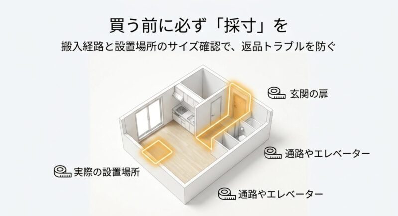 玄関の扉、通路やエレベーター、実際の設置場所の3箇所を事前に採寸し返品トラブルを防ぐ注意喚起の図