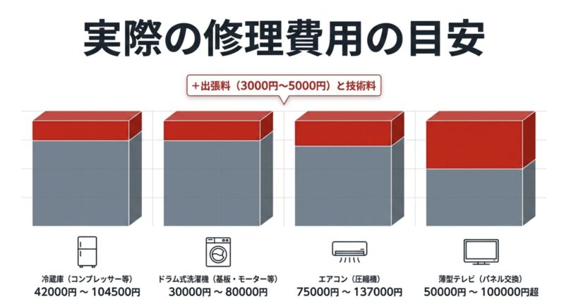 冷蔵庫、ドラム式洗濯機、エアコン、薄型テレビの実際の修理費用の目安を示した図