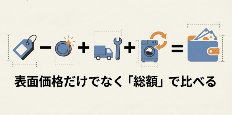 家電は表面価格だけでなく、ポイント還元、配送料・設置費、リサイクル費用を含めた総額で比較することを示す図