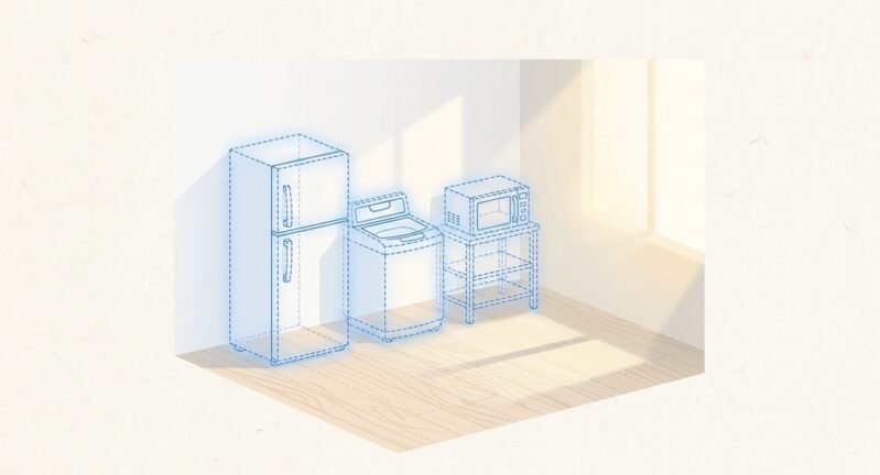 部屋に設置された冷蔵庫、洗濯機、電子レンジの家電3点セットのイメージイラスト