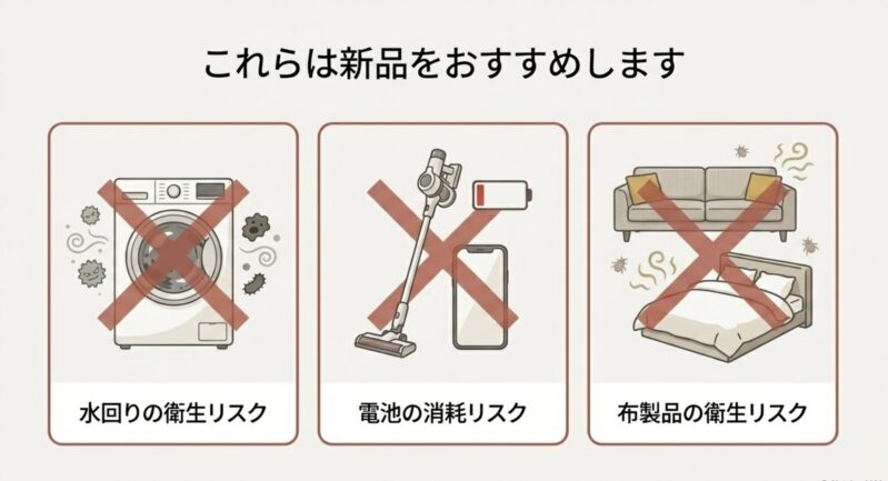 水回りの衛生リスク、電池の消耗リスク、ソファやベッドなど布製品の衛生リスクにより新品を推奨するイラスト