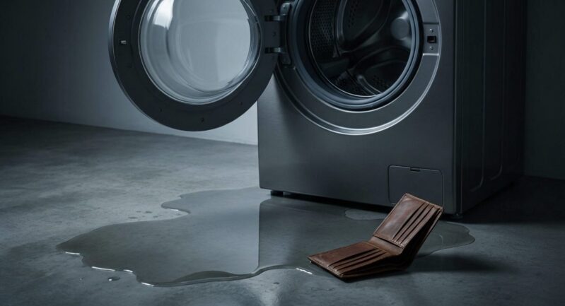 水漏れした洗濯機と床に落ちた財布のイメージ画像