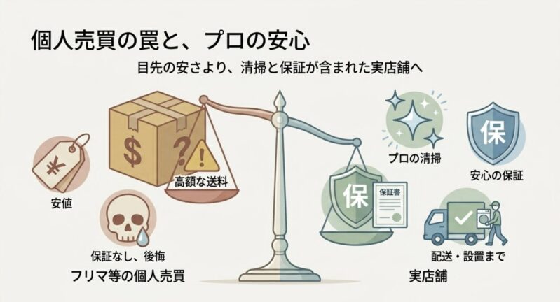 フリマアプリ等での個人売買の保証や送料のリスクと、実店舗の清掃・保証・配送サービスの安心感を比較した図