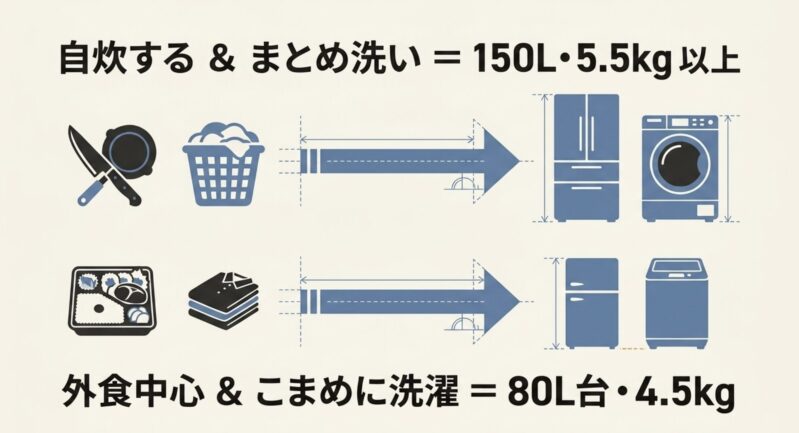 自炊派は150L以上の冷蔵庫と5.5kg以上の洗濯機、外食派は80Lの冷蔵庫と4.5kgの洗濯機を推奨するイラスト