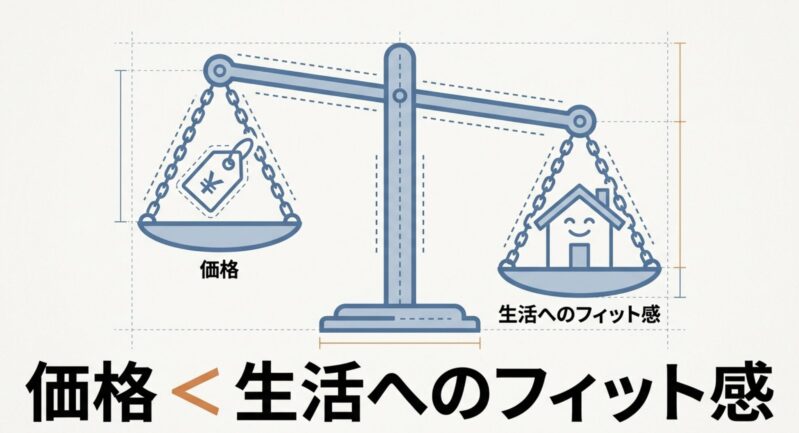 家電選びは価格よりも生活へのフィット感が重要であることを示す図解