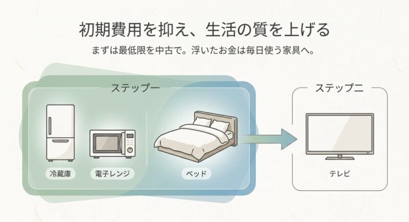冷蔵庫や電子レンジなど最低限の家電を中古で揃え、テレビなどを後から買い足すステップを図解したイメージ