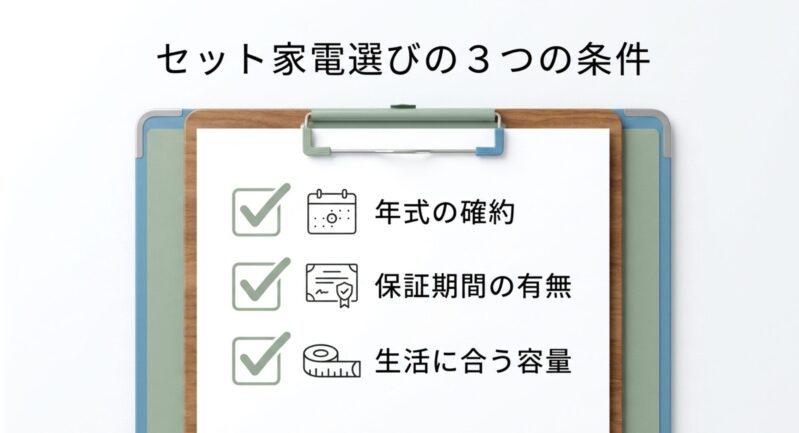 年式の確約、保証期間の有無、生活に合う容量という、中古家電セットを選ぶ際の3つの重要条件
