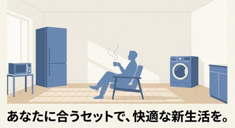 自分に合った家電セットに囲まれてコーヒーを飲みながら快適な新生活を送る人物のイラスト