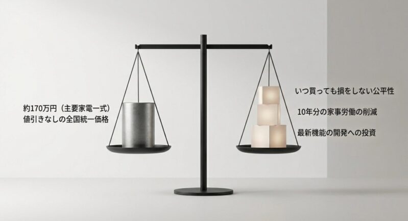 主要家電一式約170万円の価格と、それがもたらす10年分の家事労働削減や最新機能開発への投資を示すスライド