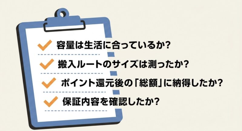 容量、搬入ルートのサイズ、総額への納得感、保証内容を確認するための最終チェックリスト