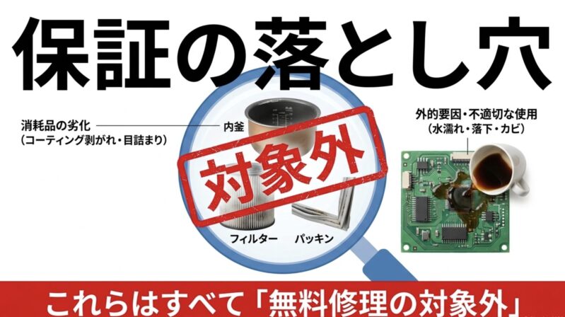 フィルターや内釜などの消耗品の劣化や、基板への水濡れなどの外的要因は無料修理の対象外となることを示す図