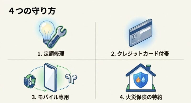定額修理、クレジットカード付帯、モバイル専用、火災保険の特約という4つの家電保護のアプローチを示すアイコン図