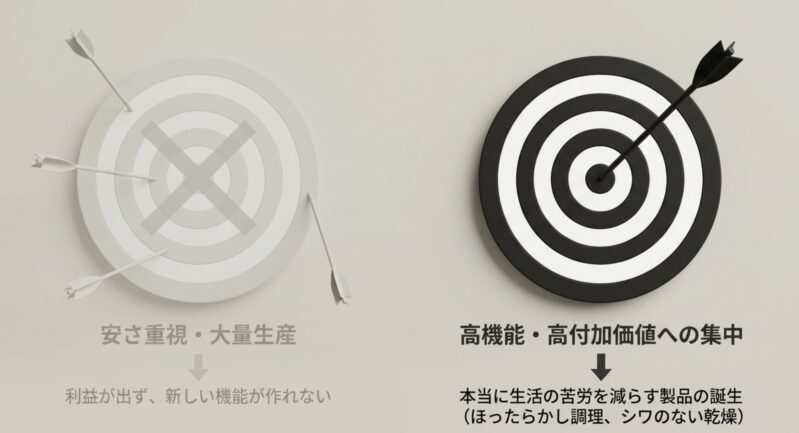 ダーツの的の中心に矢が刺さる画像。安さ重視から高機能・高付加価値製品への集中を図り生活の苦労を減らす戦略イメージ