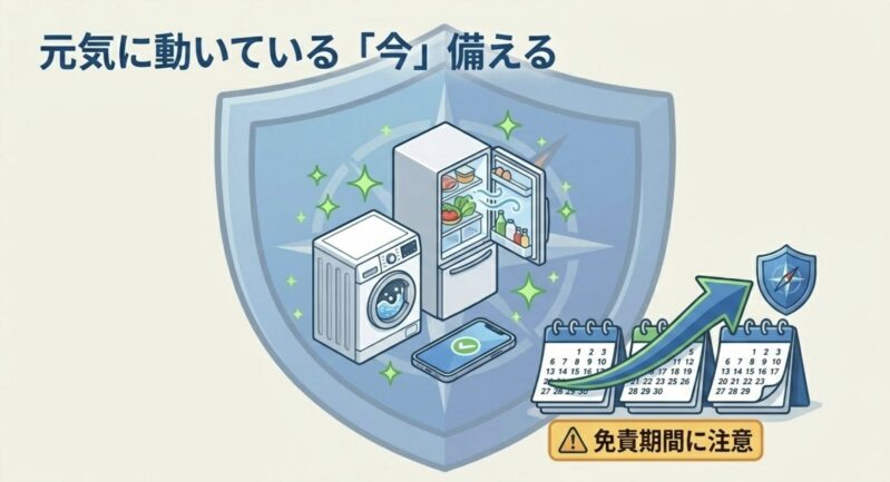 加入後すぐに補償されない免責期間に注意喚起し、家電が正常に動いている今のうちに備えることを促すカレンダーの図