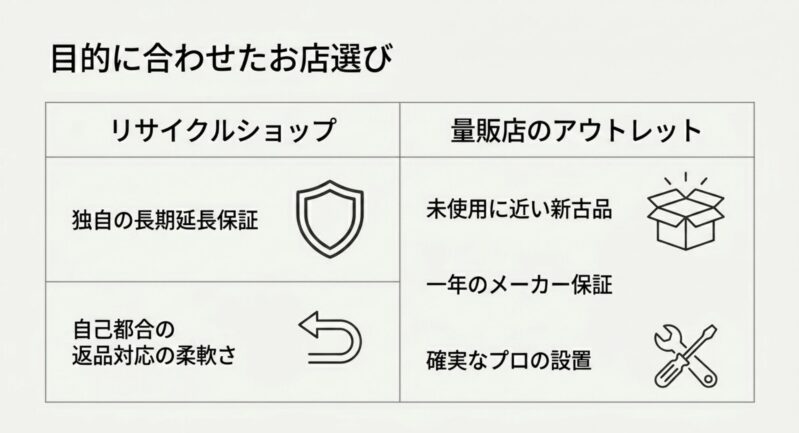 リサイクルショップの長期延長保証や返品対応と、量販店アウトレットの新古品やメーカー保証などの特徴を示すアイコン