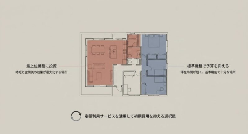 リビングやキッチンなど滞在時間の長い赤いエリアと、寝室など短い青いエリアで家電のグレードを分ける間取り図