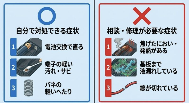 電池の発熱や焦げたにおい、基板にまで広がった液漏れなど、自力で修理せず相談すべき症状