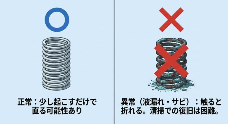清掃での復旧が困難で、触ると折れる危険性があるひどくサビた電池ボックスのバネ