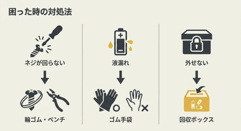 ネジが回らない時は輪ゴムやペンチ、液漏れ時はゴム手袋を使用し、電池が外せない場合は回収ボックスを利用するなど、処分時のトラブル対処法まとめ