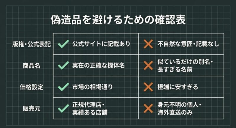 版権・公式表記、商品名、価格設定、販売元の4項目から偽造品を避けるための確認表