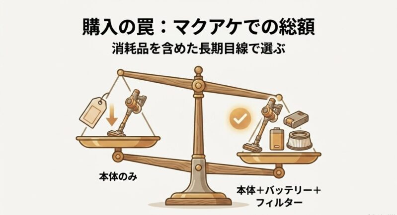 本体のみと本体・バッテリー・フィルターのセットを天秤にかけ、消耗品を含めた長期目線での選び方が重要であることを示す図解