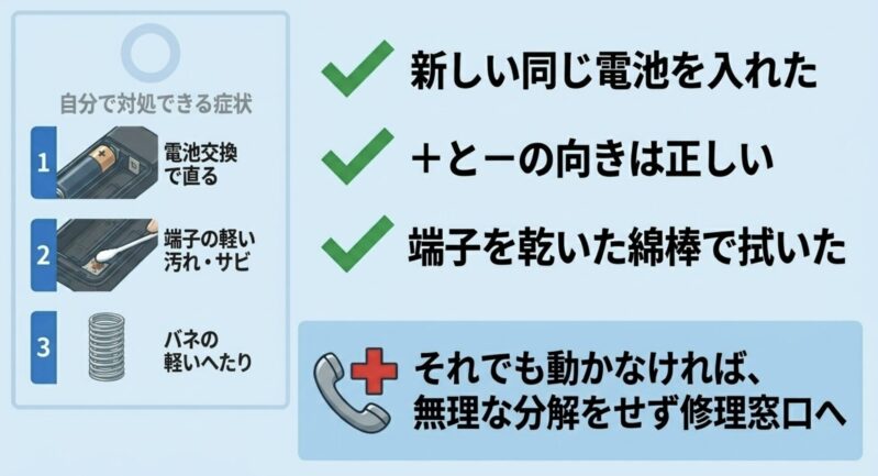 電池交換や端子清掃など自分で対処できる症状と、直らない場合に修理窓口へ相談する目安のチェックリスト