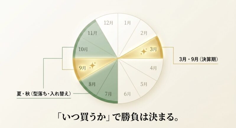 1年間の家電が安くなる時期を示す円グラフ。3月・9月の決算期や、夏・秋の型落ち・入れ替え時期が狙い目であることを解説