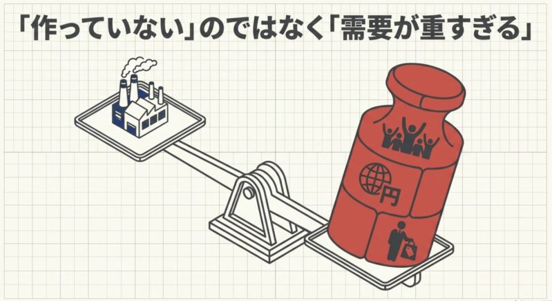 場の生産能力よりも世界的な需要が上回っている状態を示す天秤のイラスト