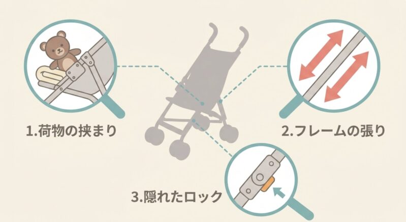 ベビーカーがたためない3つの原因(荷物の挟まり、フレームの張り、隠れたロック)