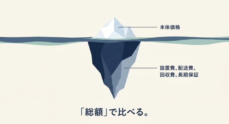 家電の価格比較は本体価格だけでなく、設置費、配送費、回収費、長期保証を含めた総額で行うことを示す図