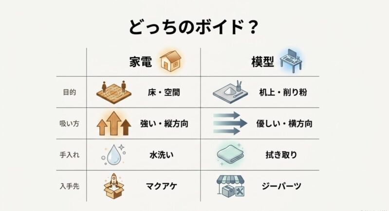 家電のボイドと模型のボイドの目的、対象、吸い方、手入れ、入手先を比較したまとめ表