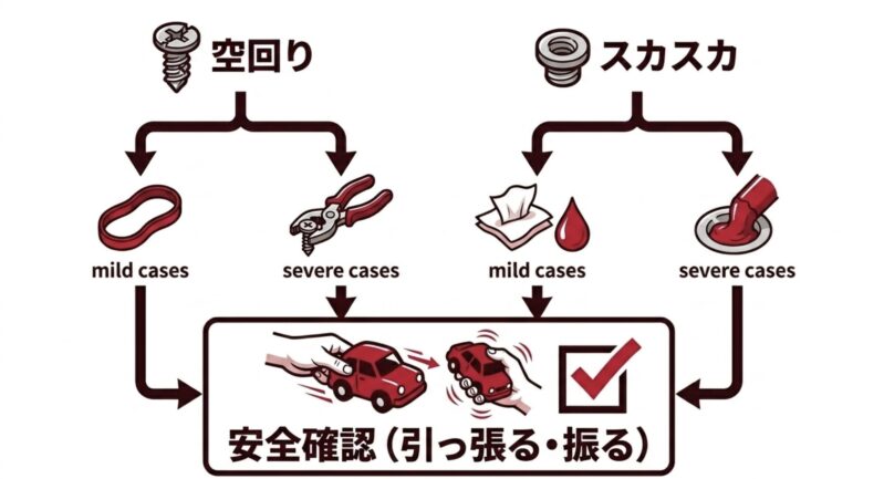 ネジの空回りとバカ穴（スカスカ）の症状ごとに、軽度・重度の対処法と、修理後の引っ張る・振る安全確認をまとめたフローチャート