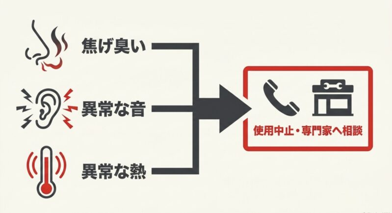 掃除機から異常な音や熱、焦げ臭い匂いが発生した際は直ちに使用を中止し専門家へ相談することを促す警告図