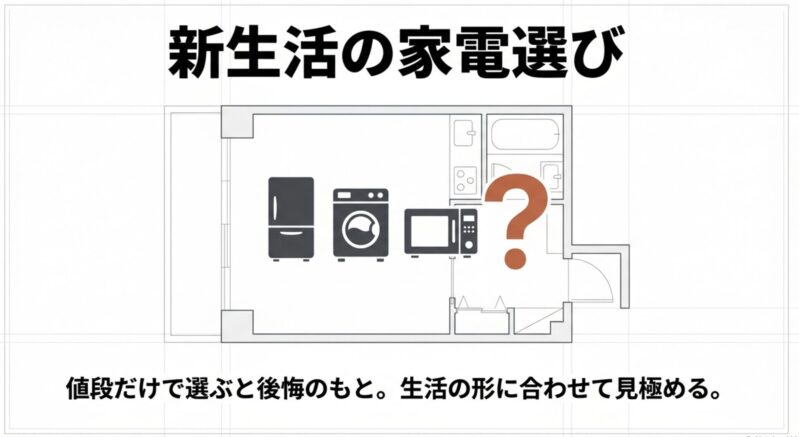 間取り図に配置された冷蔵庫・洗濯機・電子レンジと、値段や生活の形に関する悩みを示すクエスチョンマーク