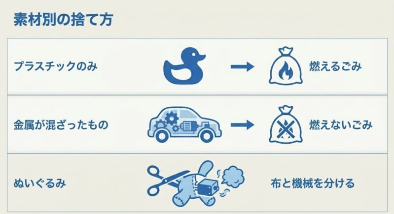 プラスチックのみは燃えるごみ、金属が混ざったものは燃えないごみ、ぬいぐるみは布と機械に分けて捨てることを示す図解