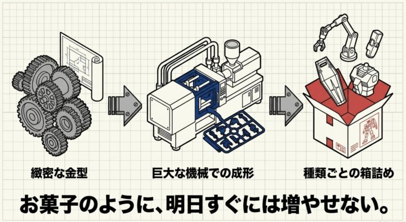 緻密な金型から巨大な機械での成形、種類ごとの箱詰めまで、ガンプラが明日すぐには増やせない理由を解説した図