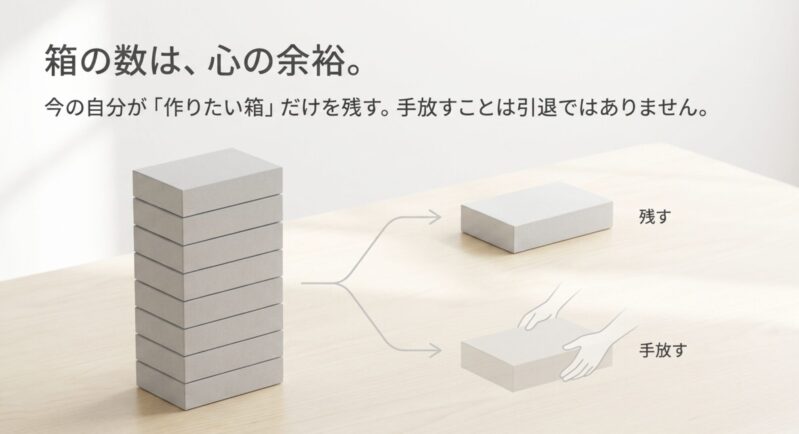 手放すことは引退ではなく、今の自分が作りたい箱だけを残すことで心の余裕を作るというメッセージと積まれた箱のイラスト