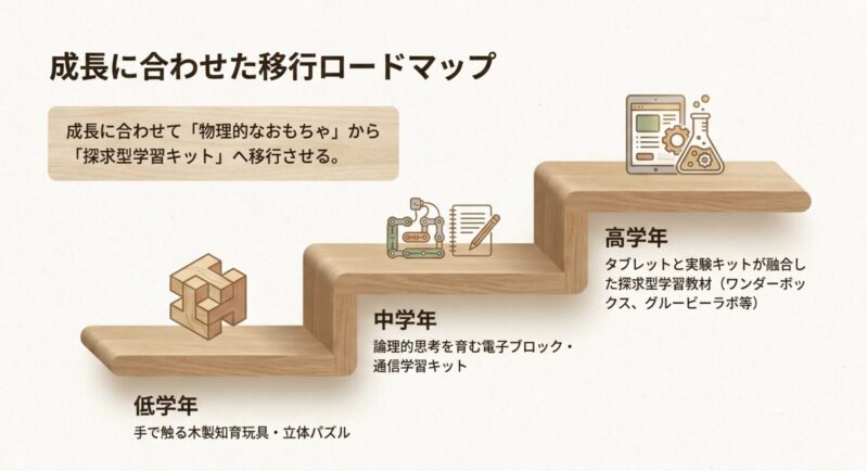 低学年の木製知育玩具から、中学年の論理的思考を育む電子ブロック、高学年のタブレットと実験キットが融合した探求型学習教材へと成長に合わせて移行するロードマップ