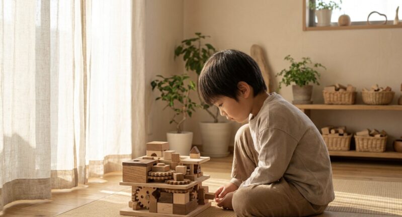 複雑な木製知育玩具に集中して遊ぶ小学生の男の子の様子