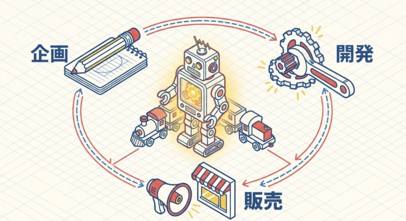 企画から開発、販売へとつながるおもちゃ作りの流れを示す図解