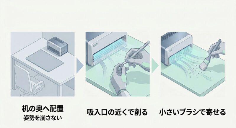 机の奥に集塵機を配置し、吸入口の近くで削り、小さいブラシで寄せることで姿勢を崩さず作業する様子を描いたイラスト