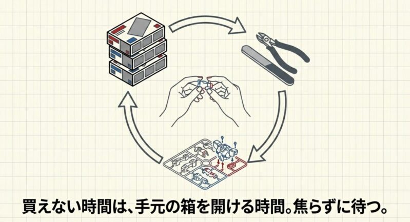 買えない時間は手元の箱を開ける時間とし、焦らずに待つことを勧めるイラスト