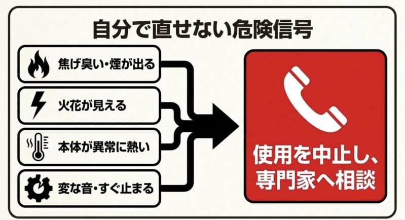 焦げ臭い、火花が見える、異常な熱、変な音など、掃除機を修理に出すべき危険信号のリスト
