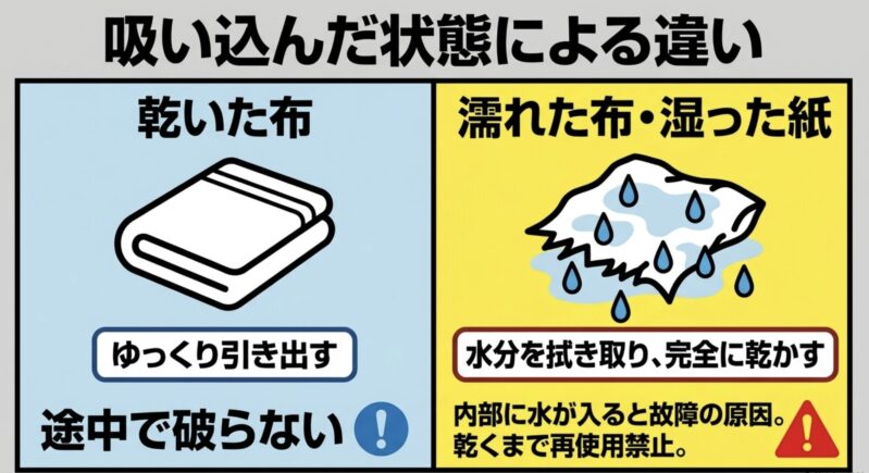 乾いた布と濡れた布・湿った紙を吸い込んだ場合の違いと、故障を防ぐために完全に乾かすよう促す注意書き