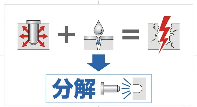 力がかかっているガンプラパーツに溶剤が浸透してケミカルクラックが起きる仕組みと、事前の完全分解の重要性を表す図解