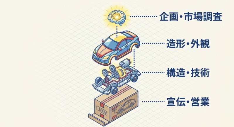 企画・市場調査、造形・外観、構造・技術、宣伝・営業などおもちゃ作りの担当業務一覧