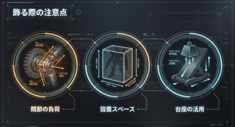 関節の負荷、設置スペース、台座の活用など、ごついガンプラを飾る際の注意点をまとめた図解