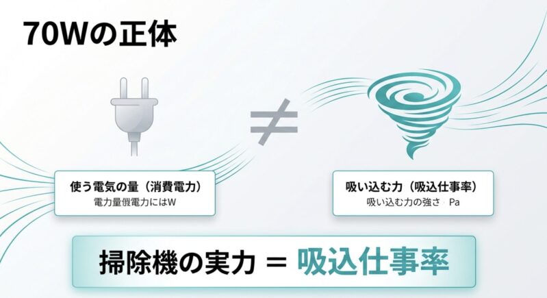 掃除機の70Wの正体を解説。使う電気の量である消費電力と、吸い込む力である吸込仕事率の違いを示す図